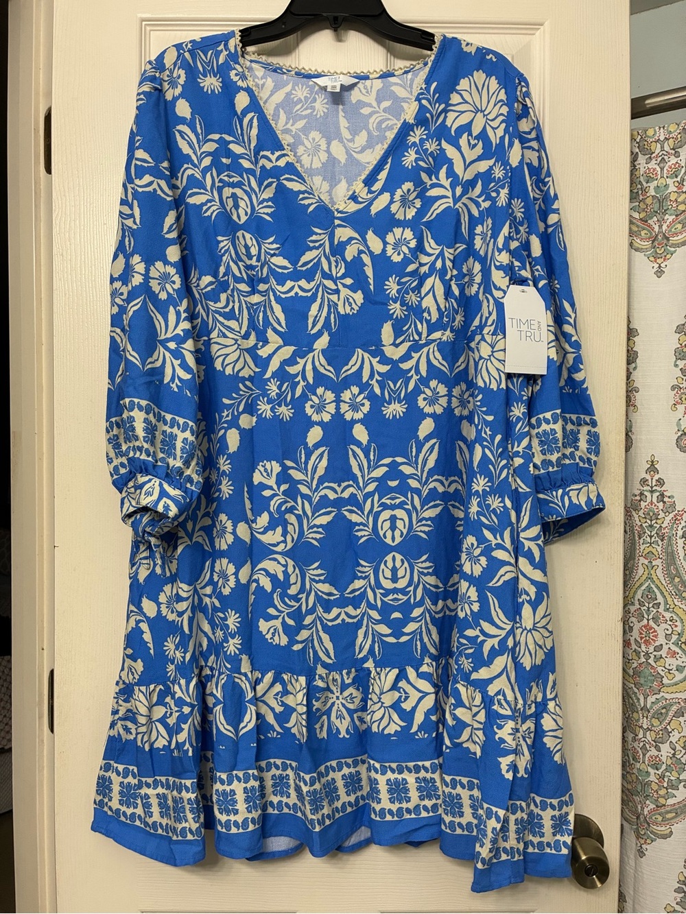 Time and Tru Blue and Cream Floral V-Neck Tiered Swing Dress